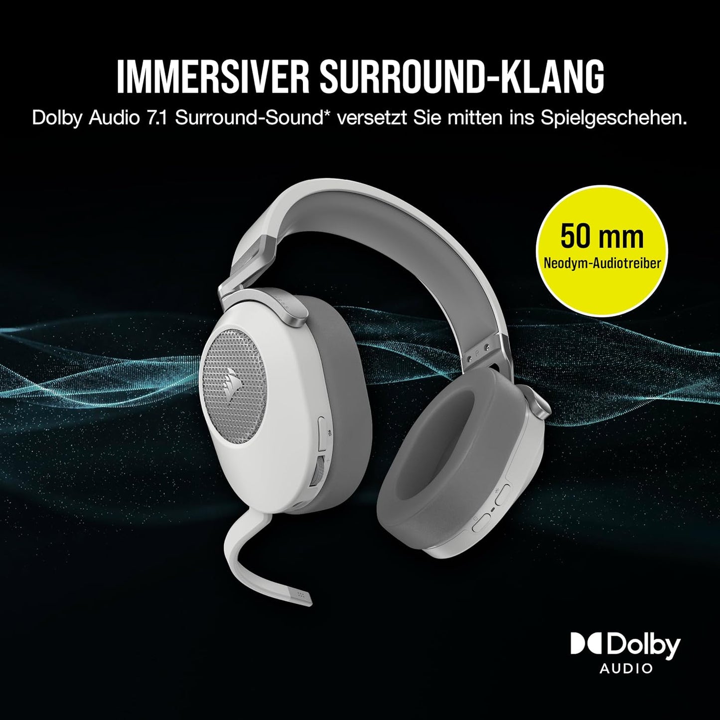 Corsair HS65 Wireless Gaming Headset Bluetooth Dolby 7.1-Surround-Sound - White