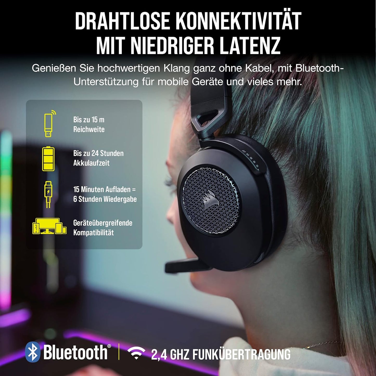 Corsair HS65 Wireless Gaming Headset Bluetooth Dolby 7.1-Surround-Sound - Carbon