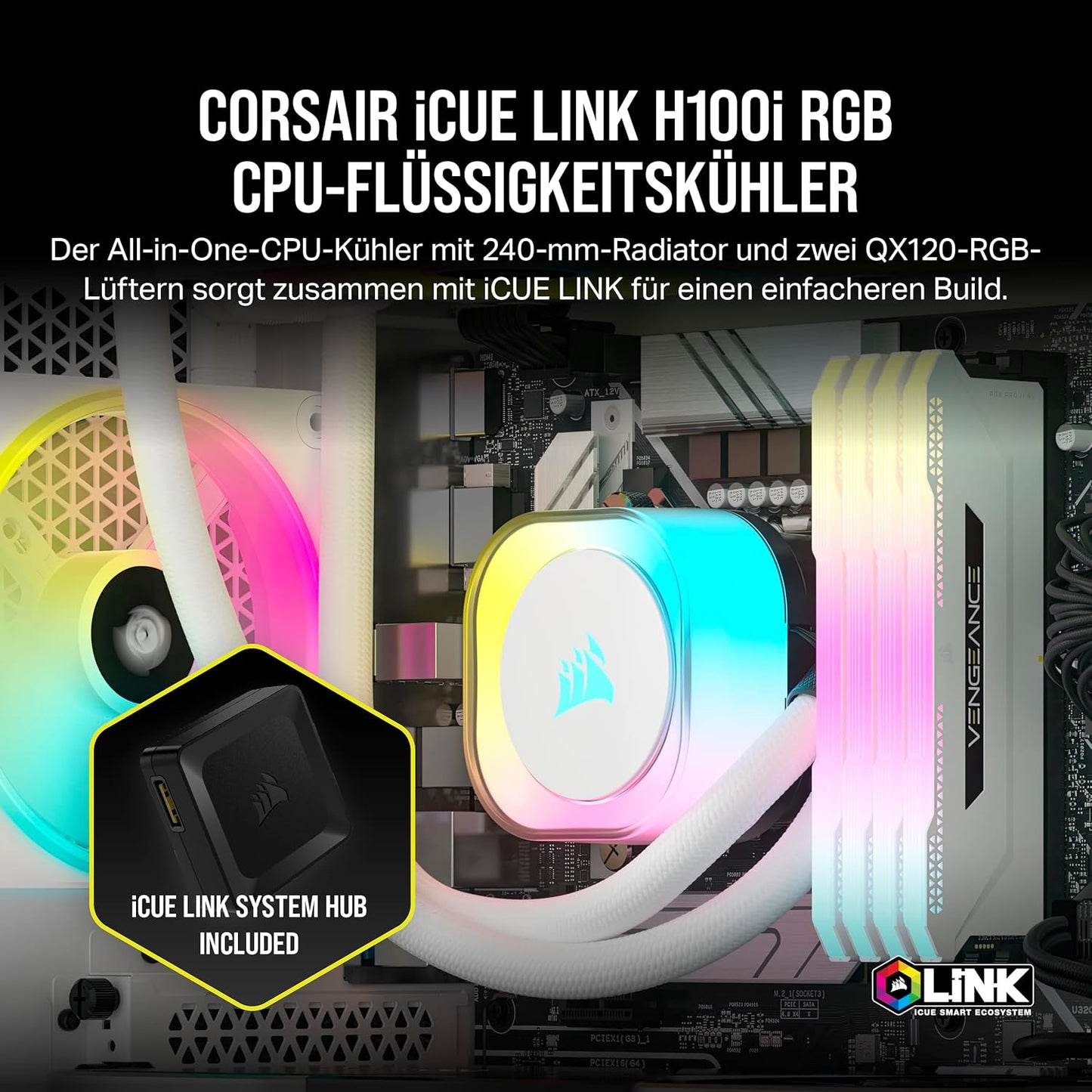 Corsair iCUE Link H100i RGB Flüssig-CPU-Kühler 2x QX120 RGB-Lüfter 240mm AIO