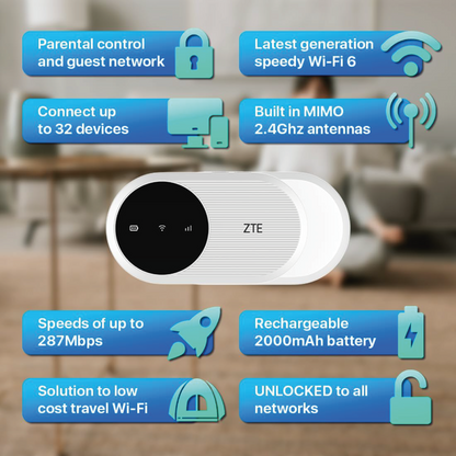 ZTE U10 Mobile Router Hotspot 4G WiFi CAT4 287Mbps for up to 32 devices white